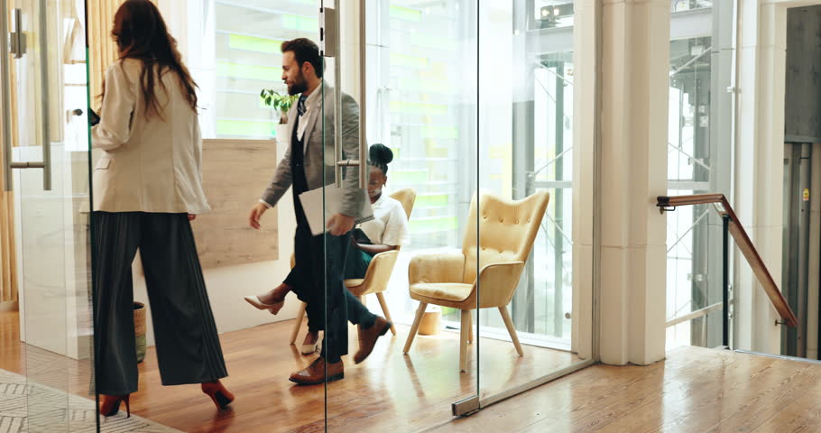 Handshake, business and people greeting in lobby for introduction, welcome or hr interview in waiting room. Shaking hands, office or meeting for hiring, recruitment offer or collaboration opportunity
