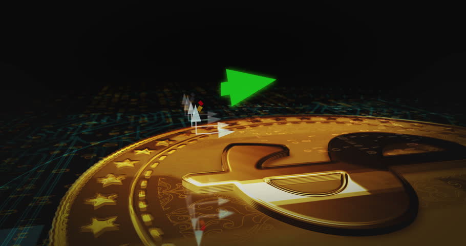 Dollar USD USA currency golden coin turning over the chart. Price trend graph with growing and falling line. Online payment and transaction 3d abstract concept.