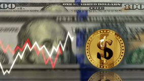 Dollar USD USA currency golden coin over 100 Dollar banknotes. US note counting and chart line on background. Loopable and seamless 3d abstract concept. - Powered by Shutterstock - Get 15% off with code: PIKWIZARD15
