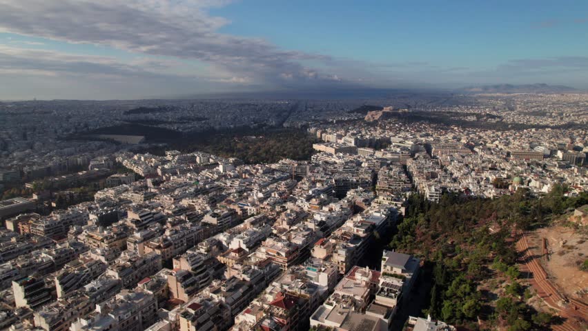Aerial of housetops and apartments in Athens
