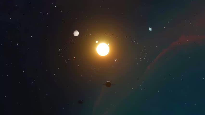 A stunning animation of planets orbiting the Sun within our solar system, with meteor fragments streaking across the vastness of space. The planets move in their defined orbits, while meteors add dyna