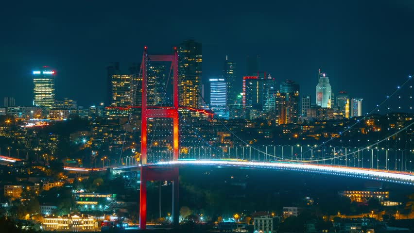 Istanbul at night. Istanbul timelapse video with Bosphorus Bridge and skyscapers.