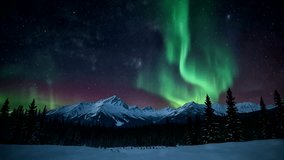 a stunning night view with the green aurora borealis streaking across the starry sky. Below there are snowy mountains lined with pine trees which add to the beauty of the winter landscape. - Powered by Shutterstock - Get 15% off with code: PIKWIZARD15