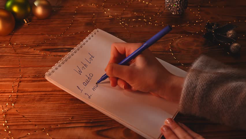 Close up shot of christmas decorated wooden table with notebook, woman writing with blue pen in spiral notebook wish list, wishing for love, money and happiness.