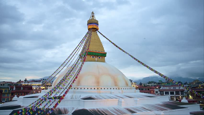 Boudhanath Stupa in Kathmandu Nepal at Night, a Famous Popular Buddhist Religious Site, an Iconic Travel Destination and Tourist Attraction in Kathmandu, a Historic and Important Site of Buddhism