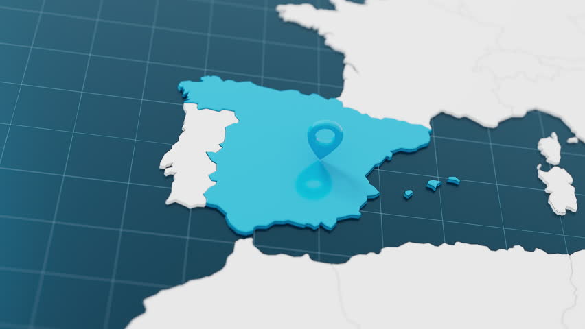 Highlight with blue of Spain 3d map with pointer pin surrounded with other countries in white. Europe political map with borders animation. 3d render