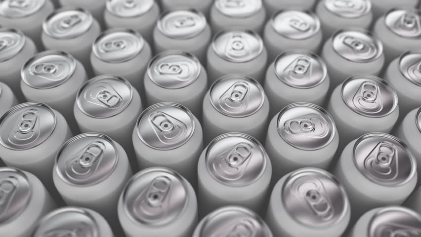 Realistic camera tracking over silver aluminum cans. Beverage industry. Looping video, 3d render