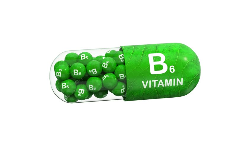 B6 capsule. Vitamin B6 in green granules. Pills or tablets to treat or prevent vitamin B6 deficiency. Seamless loop. 3D rendering. Isolated against a white background.