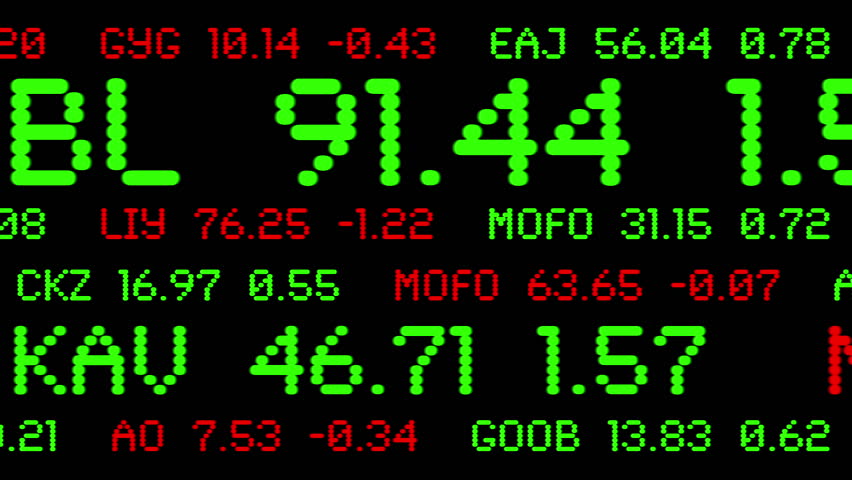 Custom made stock ticker symbols and prices animated across the screen. Symbols