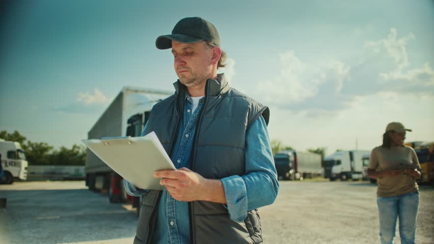 Camera focus on Caucasian male filling out information on piece of paper. Looking around while keeping track of available truck drivers. People passing by in background. Distribution company.