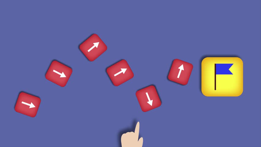 2D animation of scattered boxes with direction symbols, followed by a hand aligning them toward a flag symbol. Perfect for motivational, problem-solving, and educational content
