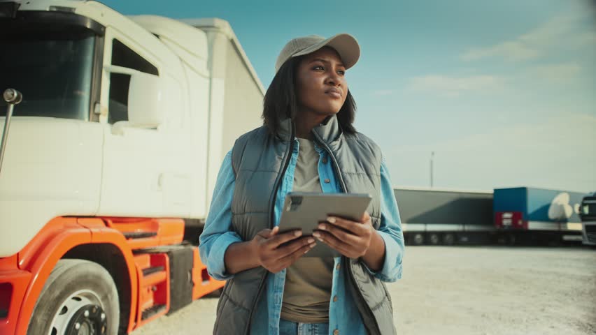 Camera moving around charming African American woman. Female utilizing technology to stay connected and organized in field of transportation or logistics. Holding tablet device with both hands.