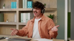 Office dancer Caucasian happy man business guy crazy funny businessman manager dancing listen music in headphones fooling joyful male freelancer dance fun at workplace move relax work break singing - Powered by Shutterstock - Get 15% off with code: PIKWIZARD15
