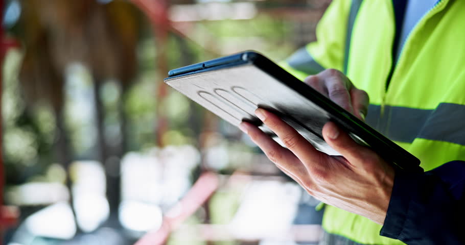 Hands, engineering and person with tablet, architecture and planning with project management. Closeup, worker or employee with tech, inspection and contractor with network, digital app or development