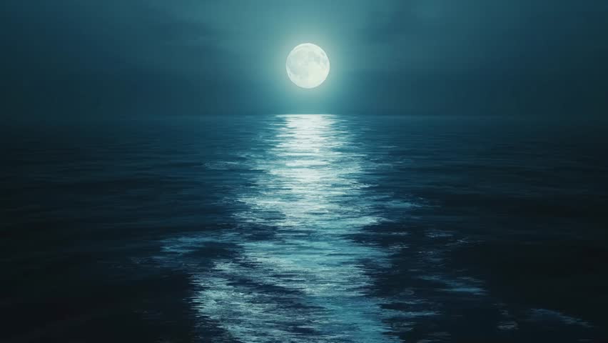 Silvery moonlight across sea expanse, ocean water surface with reflection. calm landscape 4k UHD.
