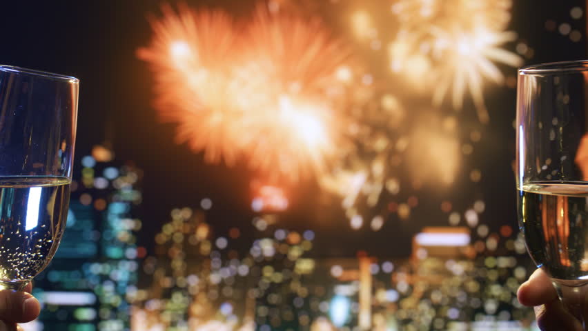 Champagne Glasses Toast Celebration Fireworks Night Sky New Year Party Lifestyle