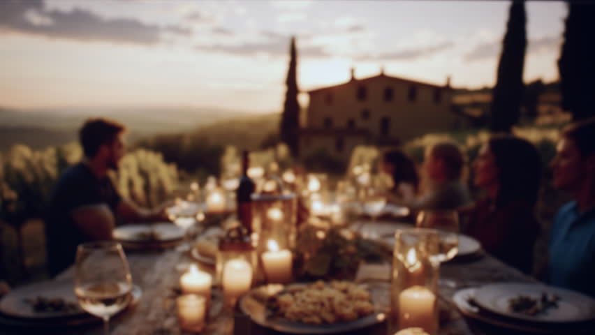 Friends Toasting Wine Glasses At Outdoor Sunset Dinner Party In Tuscany Villa Celebration Joy Happiness