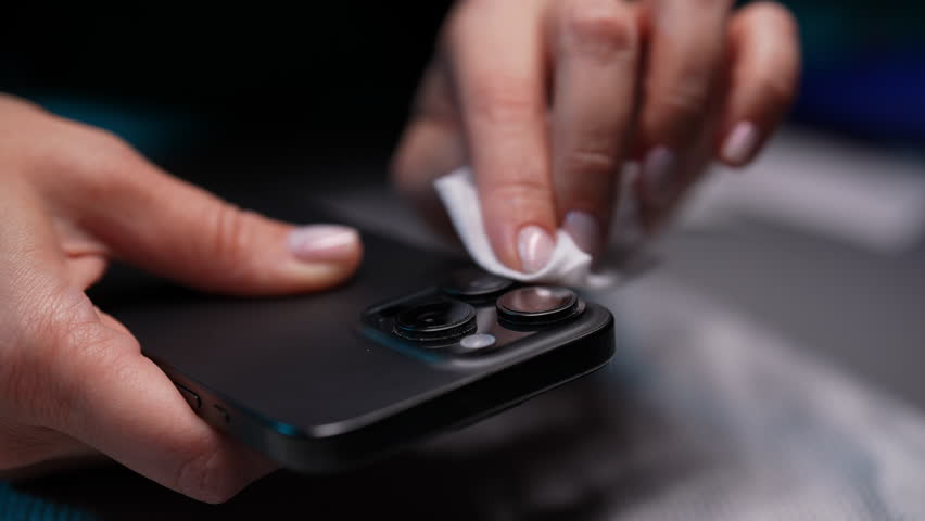 Female carefully cleaning smartphone camera lens with disinfectant wipe, ensuring hygiene. Close-up of unrecognizable woman removing dirt, dust, germs, bacteria to protect her health and device.