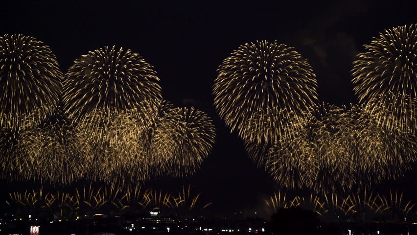 Nagaoka Fireworks Festival over city skyline in Nagaoka, Niigata, Japan