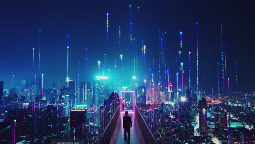 Businessman is walking on a skywalk towards a glowing portal above a futuristic city. 3D rendering