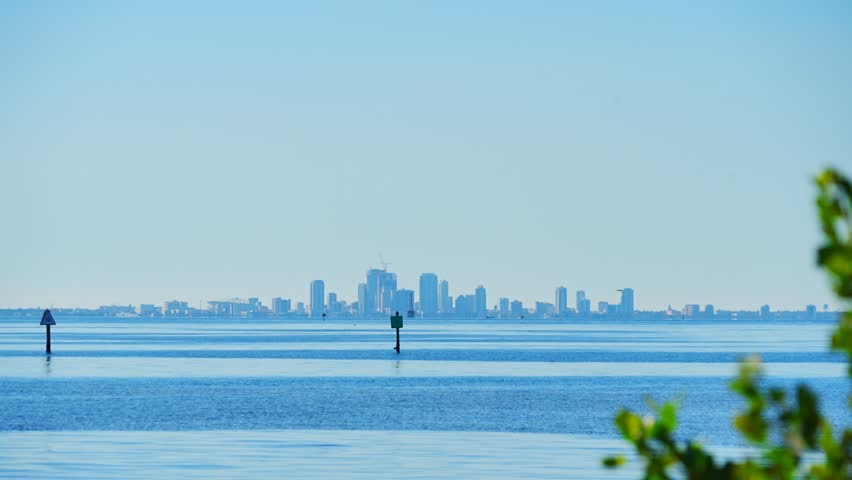 St Petersburg, Florida USA - Nov 02, 2024: St Petersburg Downtown city skyline and skyscraper seen from Apollo Beach Eg Simmons regional park landscape