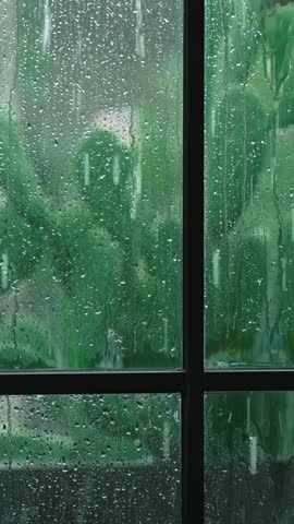 Vertical close-up of rain drops on the glass of large window with a black frame in the veranda. Tropical climate cloudy weather on the summer day 