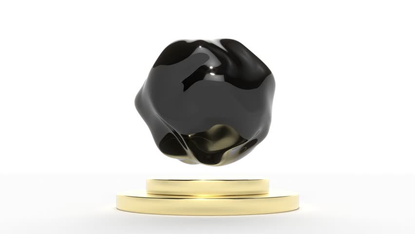 Abstract black organic metaball rotate on gold platform endless 4k. 3D Illustration