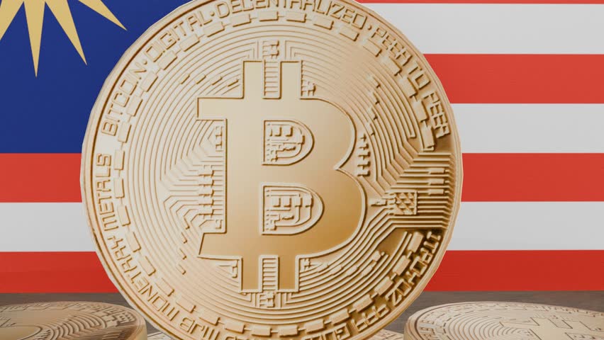 Golden Bitcoin and Malaysian Flag Animation: From Close-Up to Wide View. Symbolizing cryptocurrency and digital finance in Malaysia