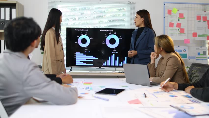 Asian businesswoman giving presentation using digital screen. Business teams analyze financial charts and graphs while a businesswoman explains strategies to colleagues.