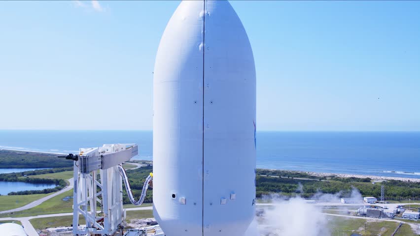 Launch of a Space Rocket with a Spacecraft. Extreme Close-up Side View. Space Exploration Mission Concept Made with NASA Imagery.