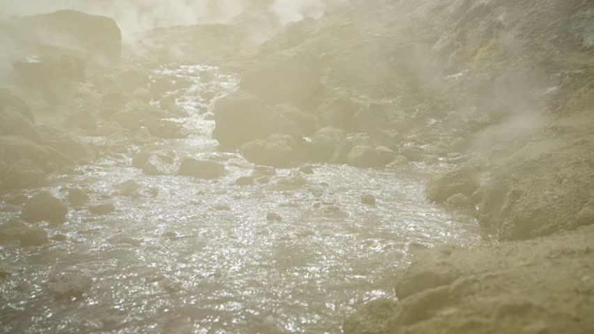 Closeup View Of Water In Hot Springs, Stream Flowing From Rocks, Slow Motion, Travel Destination