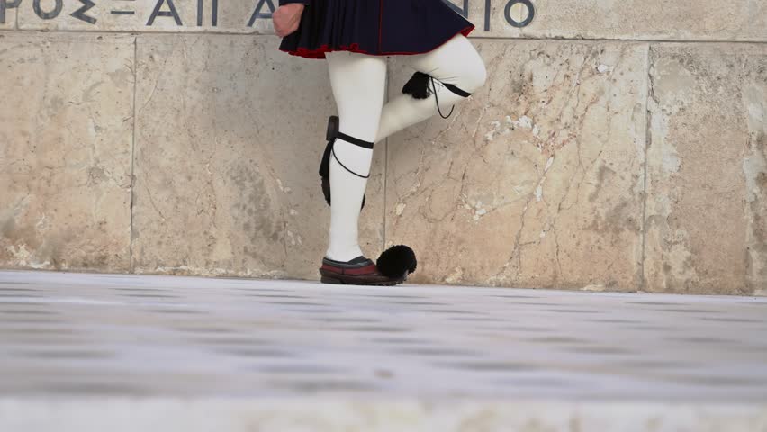 Evzonas Guardian in front of the Greek parliament in Athens, Greece, slow motion