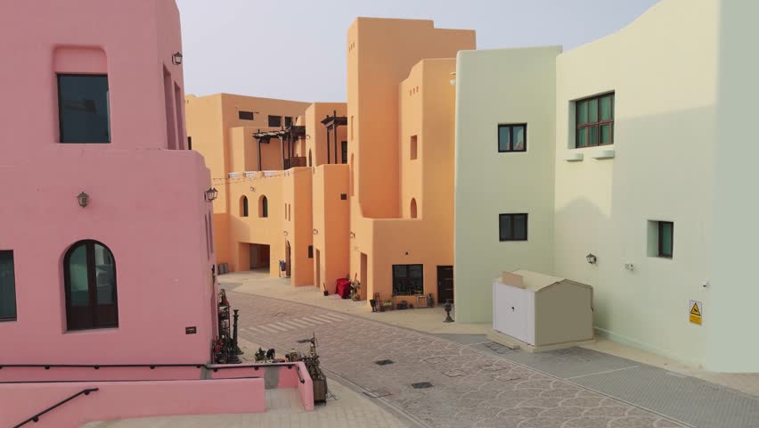 Colorful street houses port redevelopment at Mina district box park Corniche at old Doha port, Qatar