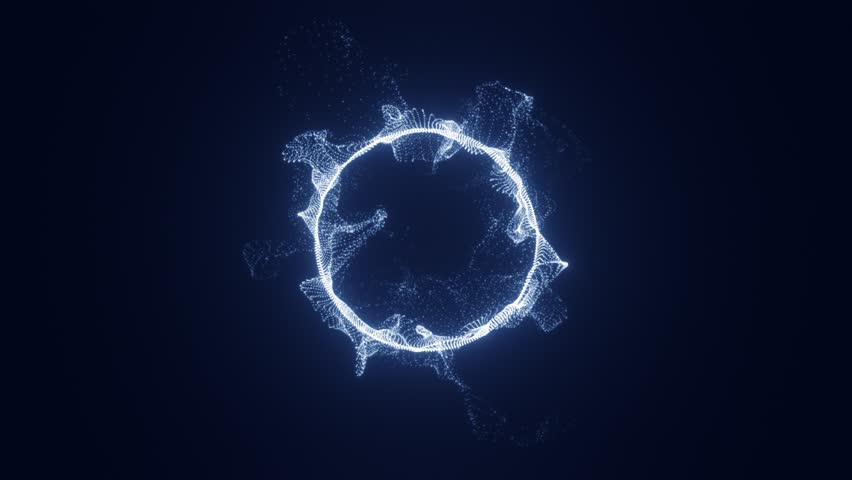 Abstract glowing sphere made of particles on dark blue background. Dynamic animation of rotating dots and lines forming a futuristic energy ring

