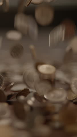 The Sound and Sight of Falling Coins on a Surface Illustrating Financial Transactions and Wealth