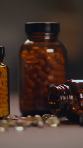 A variety of assorted health supplements stored in glass jars that contain pills and capsules