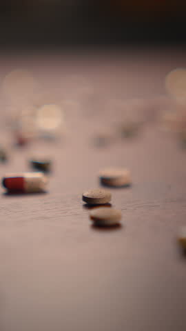 A detailed closeup view of various pills and tablets arranged on a surface for examination
