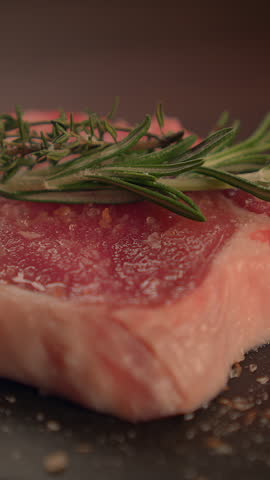 Enjoy a perfect Raw Steak garnished with Fresh Rosemary elegantly placed on a Wooden Surface