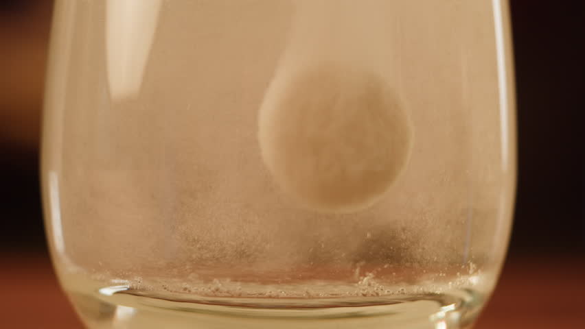 Effervescent tablet vitamin C aspirin nutritional supplements in glass with yellow carbonated water, sport medication, healthy morning. Healthy vitamins D drugs