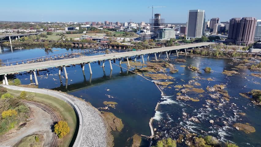 Drone Pan of the Richmond Virginia Skyline, shot from across the James River