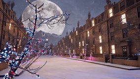 Winter scene with Victorian style houses, snowed street, colorful light bulbs decorated on leafless trees, and a Christmas tree at the end of the road, at night, 3D animation camera dolly right - Powered by Shutterstock - Get 15% off with code: PIKWIZARD15