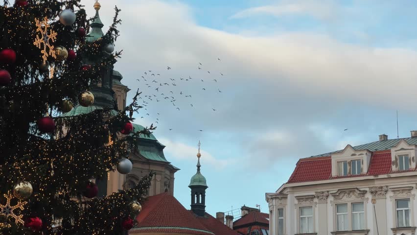 Flock of birds flying across the city skyline under a cloudy sky during the winter season in Prague