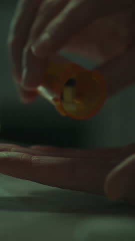 A hand is carefully pouring various colored pills from an orange bottle into an open palm in a dimly lit setting, suggesting a late-night routine or self-care moment