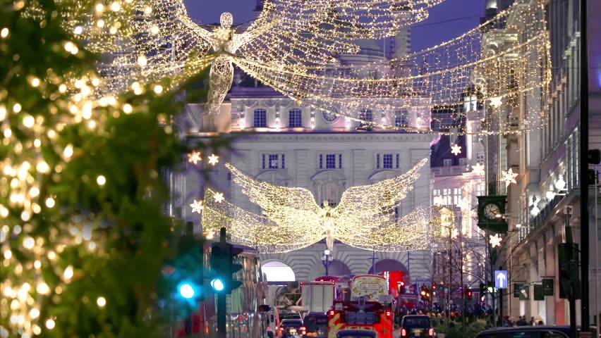 Festive christmas decorations on lower Regent Street, Central London, England