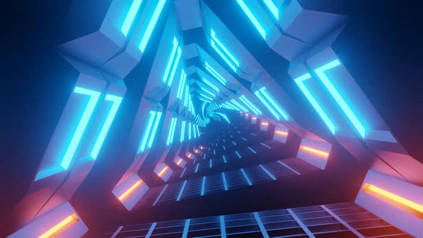 Futuristic spaceship corridor featuring a striking triangular shape, beautifully illuminated with blue and orange neon lights, captured in a cinematic zoom-in effect, perfect for sci-fi