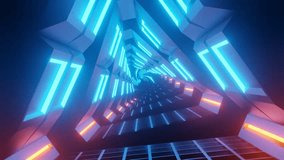 Futuristic spaceship corridor featuring a striking triangular shape, beautifully illuminated with blue and orange neon lights, captured in a cinematic zoom-in effect, perfect for sci-fi - Powered by Shutterstock - Get 15% off with code: PIKWIZARD15