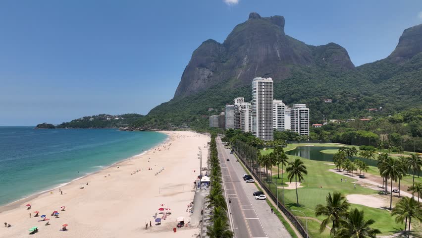 Rio De Janeiro Skyline At Sao Conrado Rio De Janeiro Brazil. Stunning Tropical Coastline Beach Scene Viewed From Above. Deserted Landscape Recreation Vibrant. Deserted Summertime.