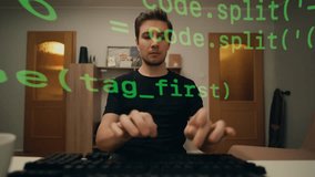 Timelapse of a young man quickly typing, programming, and writing code on a keyboard in a home setting with semi-transparent code overlay. Concept of software development, coding, or programming - Powered by Shutterstock - Get 15% off with code: PIKWIZARD15