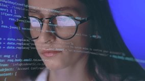 Girl in glasses working on a laptop with semi-transparent code overlay. Concept of software development, coding, or programming workflow in a professional or educational setting - Powered by Shutterstock - Get 15% off with code: PIKWIZARD15
