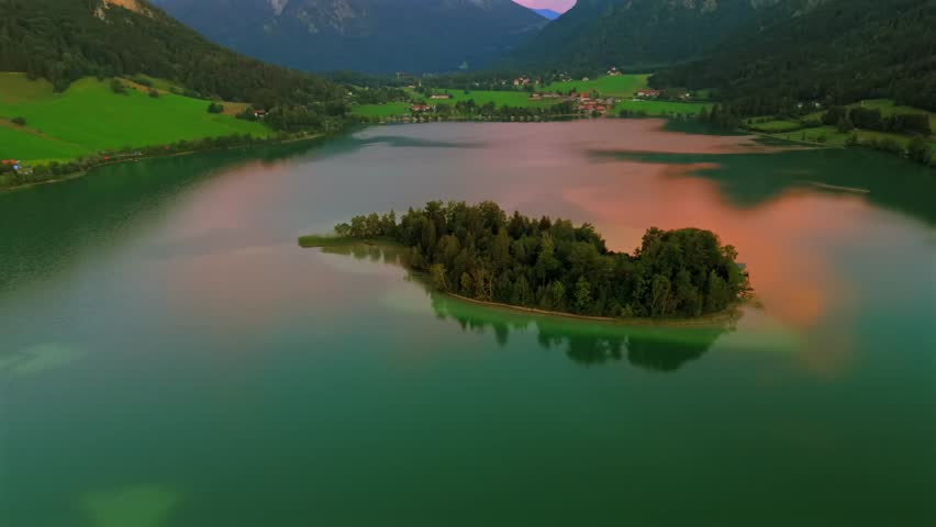 Aerial view of Lake Schliersee in the Bavarian alps in Germany. Luftaufnahme Schliersee ist ein See in den bayerischen Alpen im Landkreis Miesbach, Deutschland. Drone view Lake Schliersee at summer. 